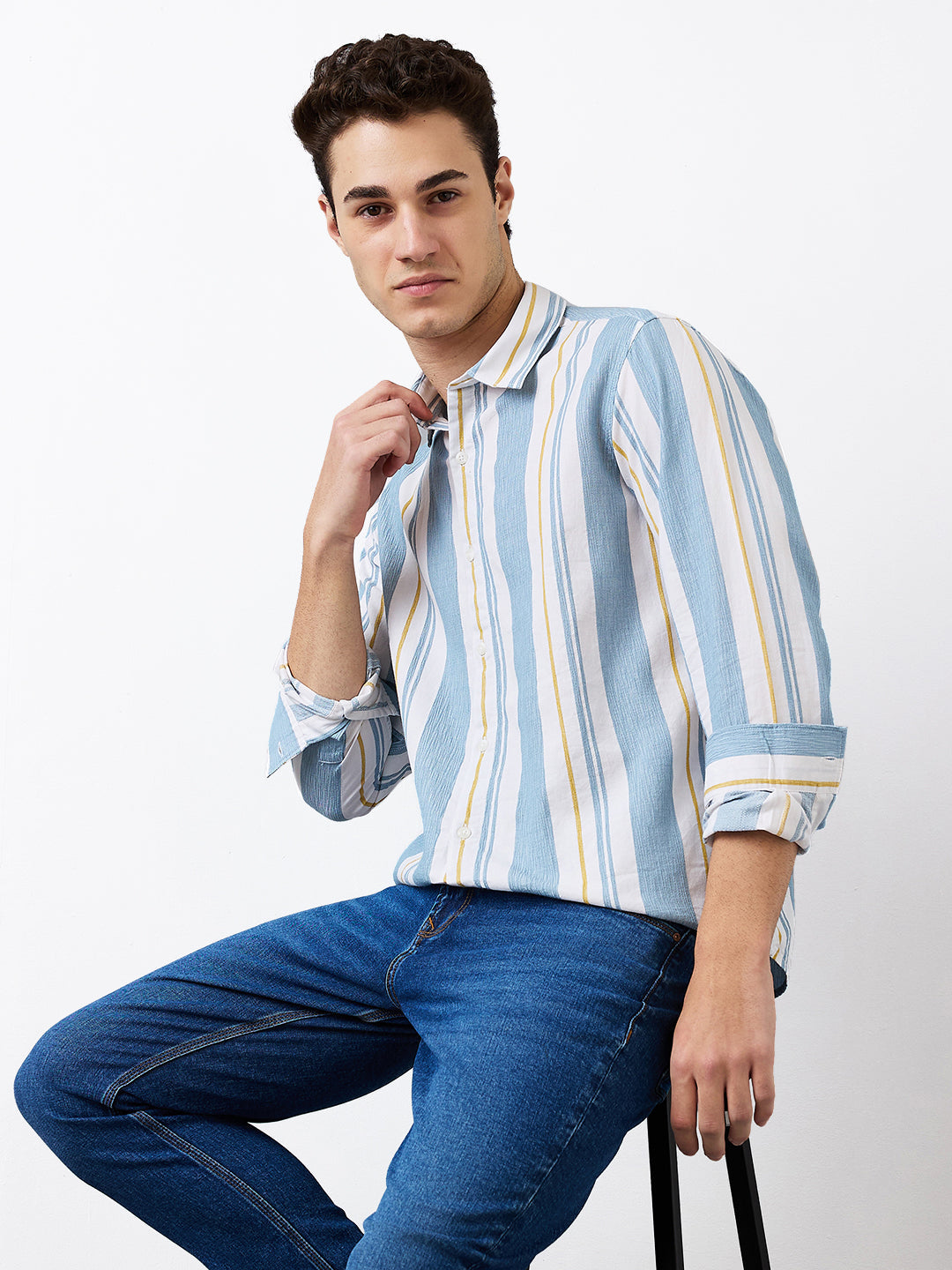 Spykar Blue Slim Fit Striped Full Sleeve Shirt For Men