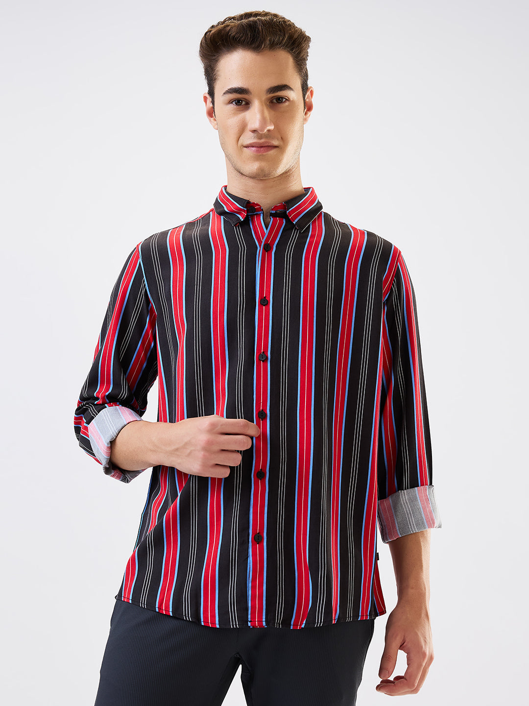 Spykar Red Slim Fit Striped Full Sleeve Shirt For Men