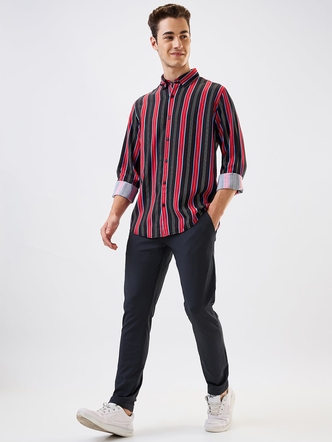 Spykar Red Slim Fit Striped Full Sleeve Shirt For Men