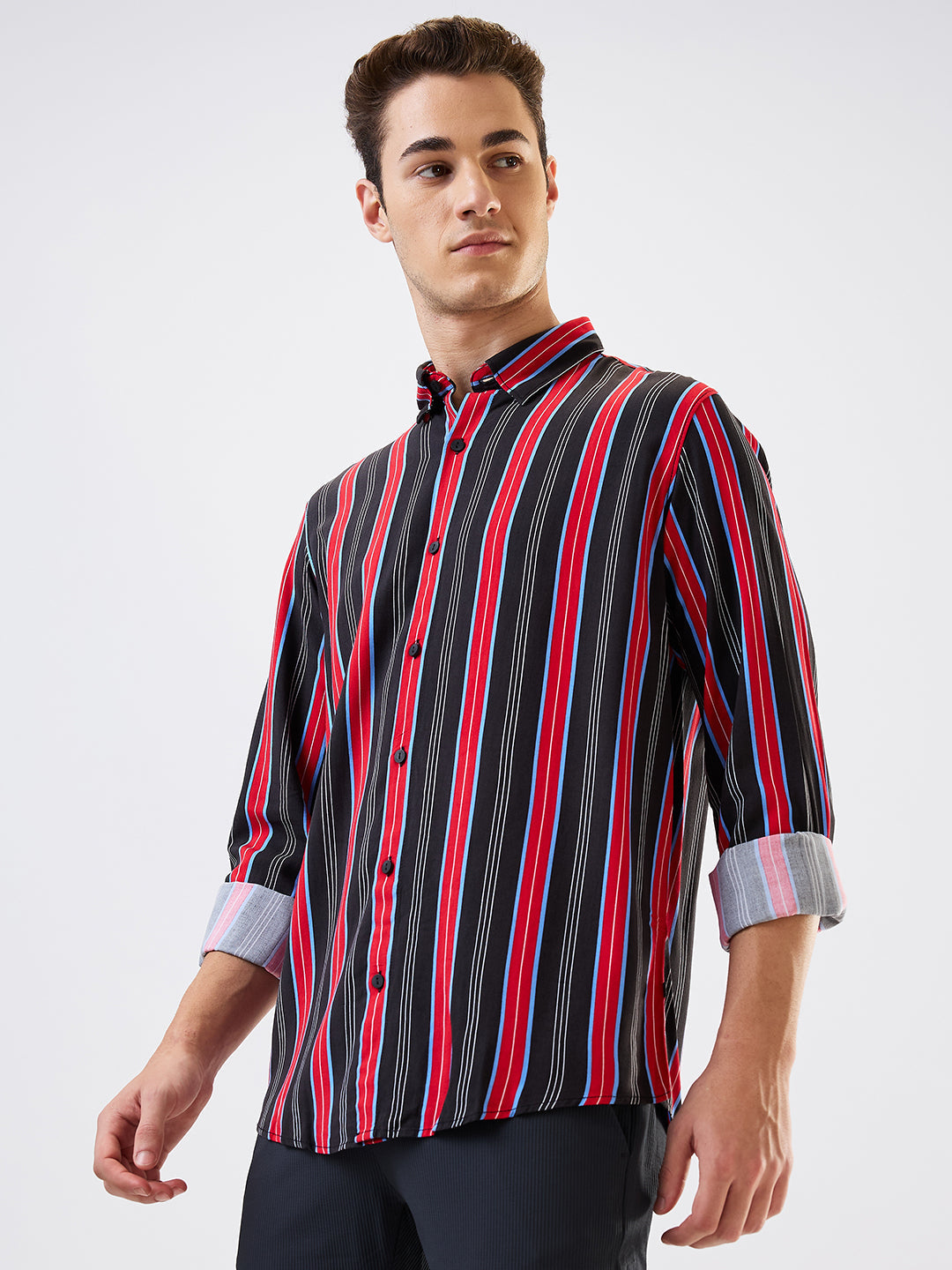 Spykar Red Slim Fit Striped Full Sleeve Shirt For Men