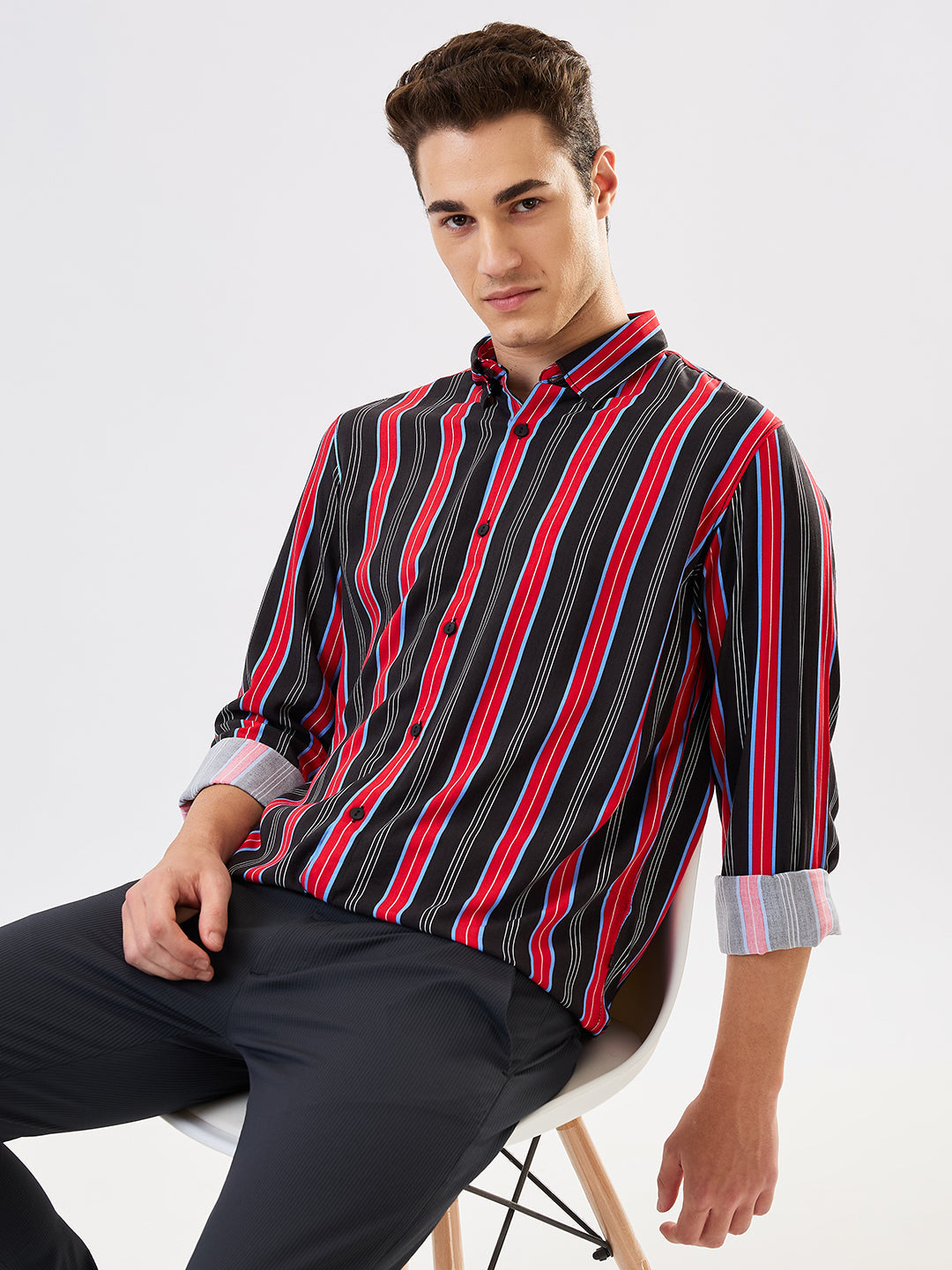 Spykar Red Slim Fit Striped Full Sleeve Shirt For Men