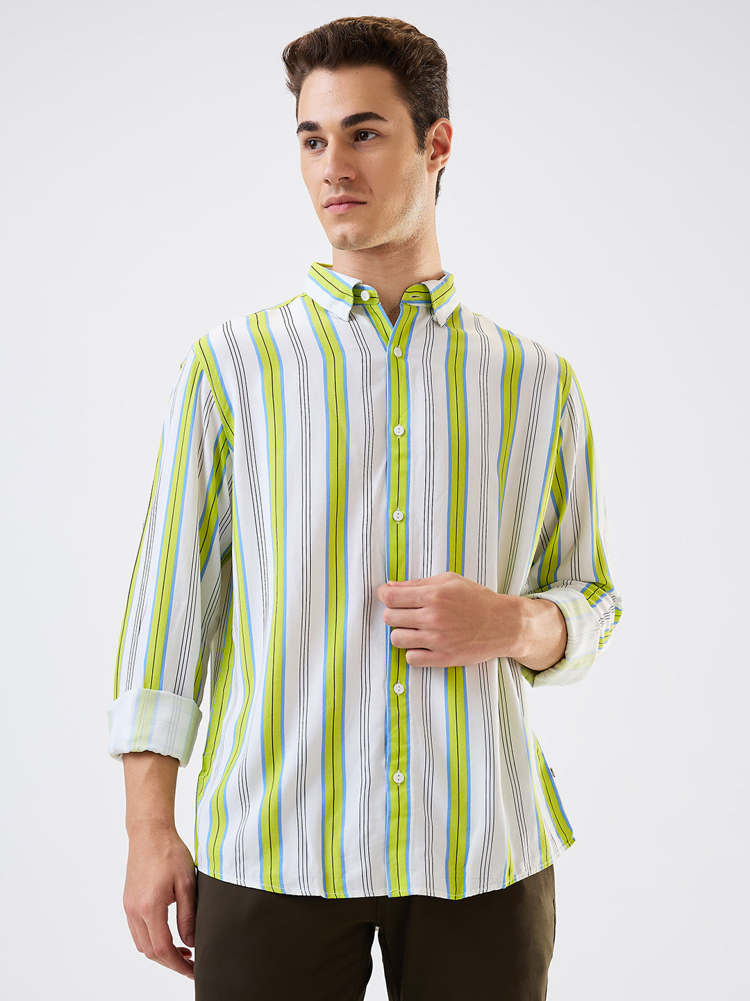 Spykar Green Slim Fit Striped Full Sleeve Shirt For Men