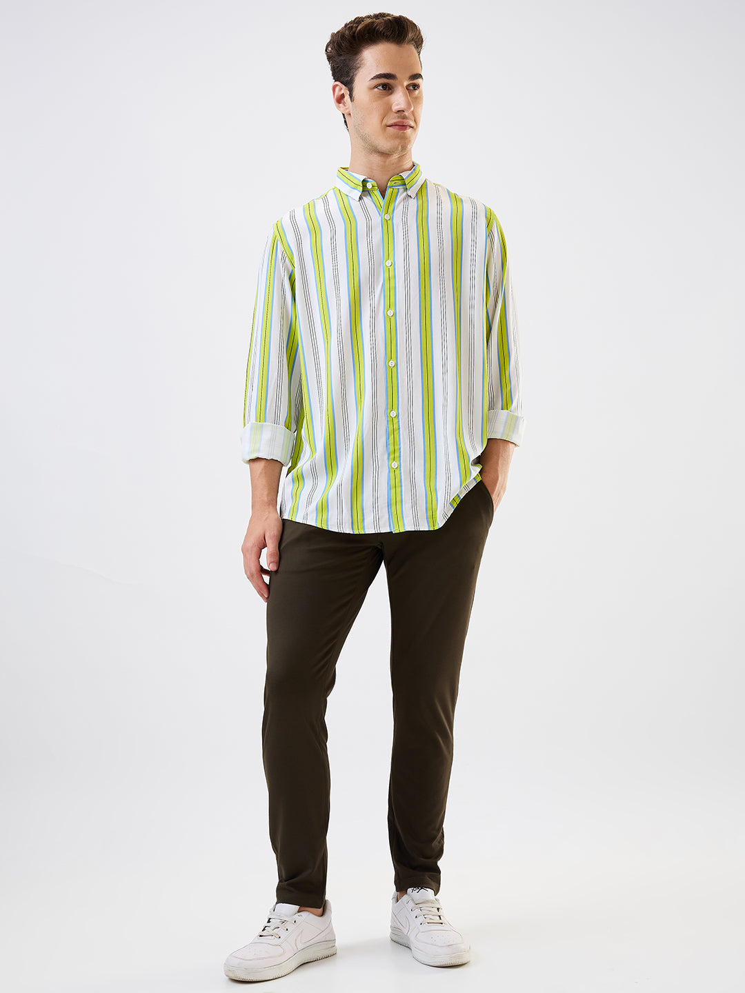 Spykar Green Slim Fit Striped Full Sleeve Shirt For Men