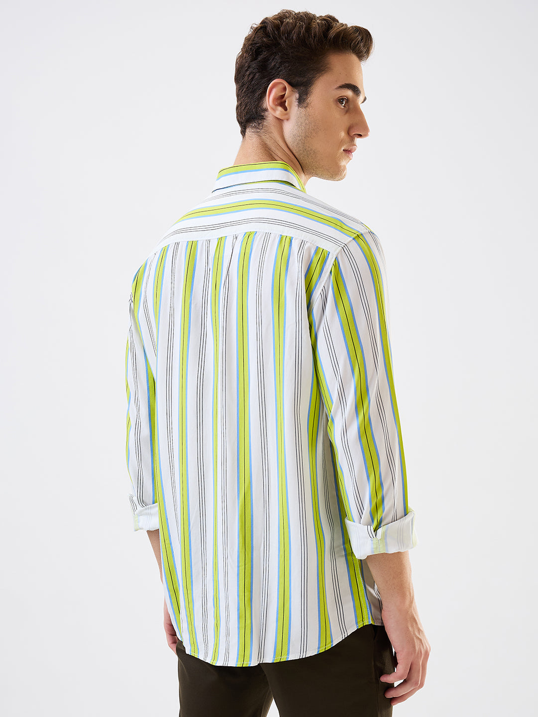 Spykar Green Slim Fit Striped Full Sleeve Shirt For Men