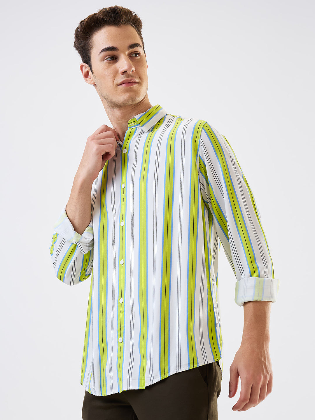 Spykar Green Slim Fit Striped Full Sleeve Shirt For Men