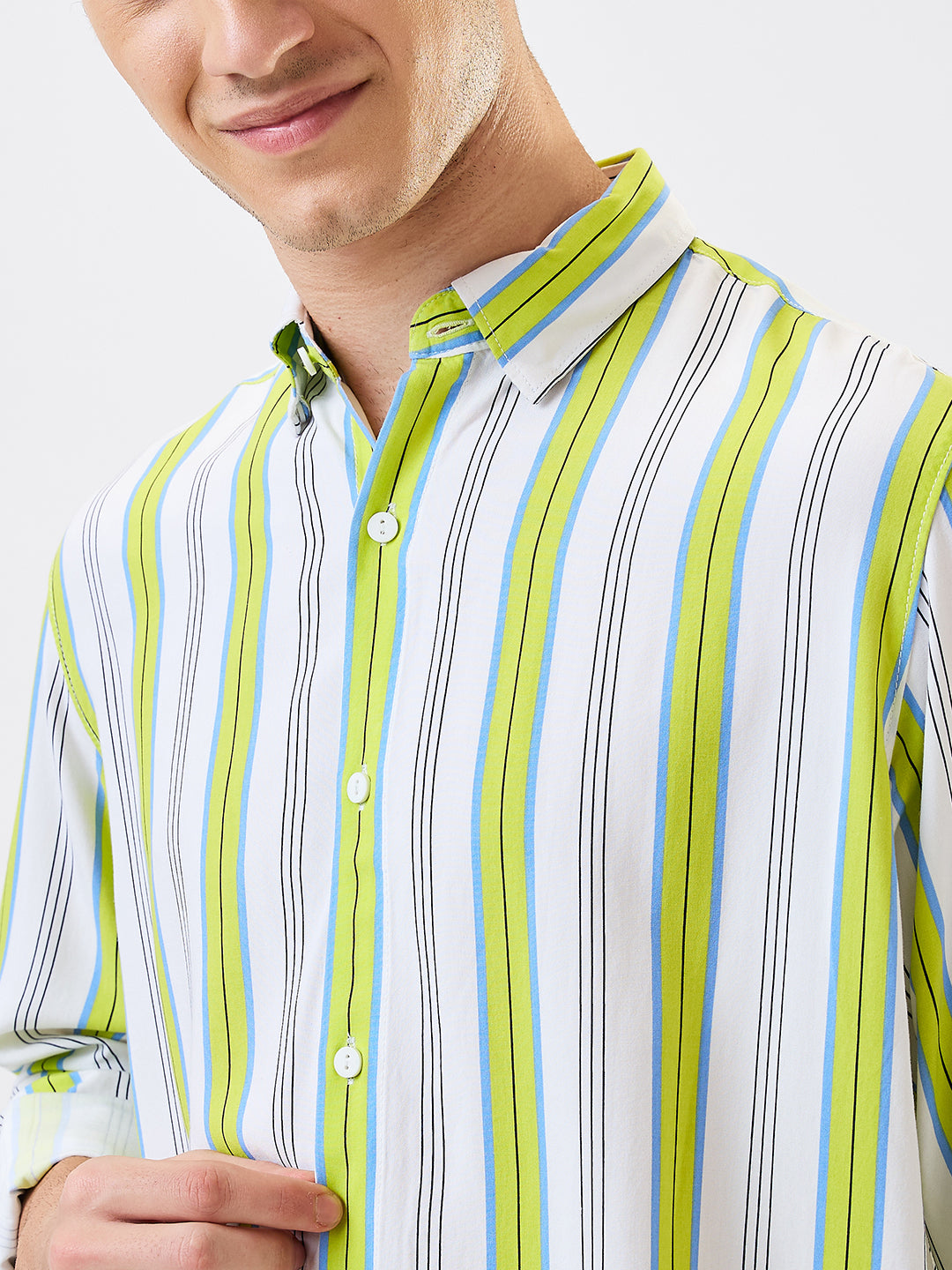 Spykar Green Slim Fit Striped Full Sleeve Shirt For Men