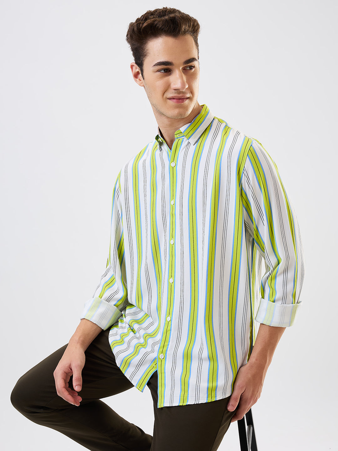 Spykar Green Slim Fit Striped Full Sleeve Shirt For Men