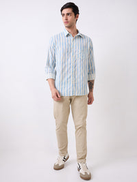 Men Blue Full Sleeves Slim Fit Striped Shirt