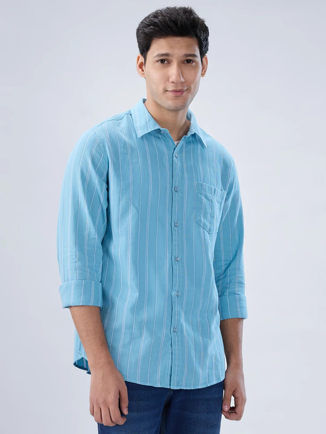 Men Blue Stripe Regular Fit Shirts