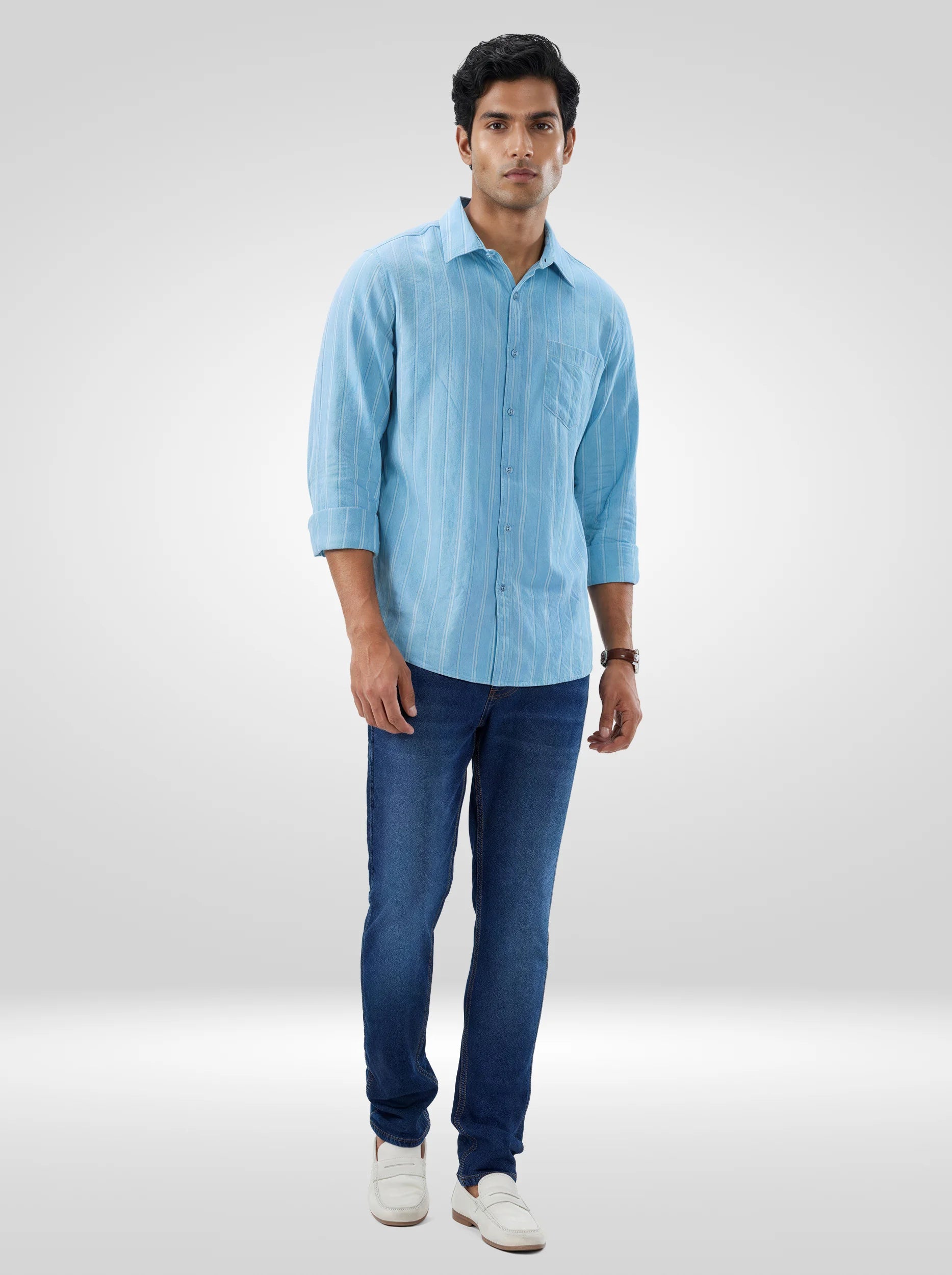 Men Blue Stripe Regular Fit Shirts