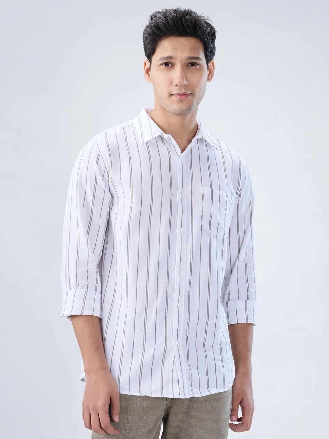 Men Shirt Stripe White Regular Fit