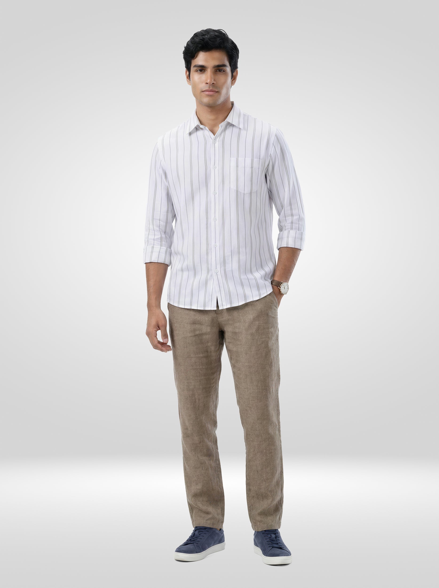 Men Shirt Stripe White Regular Fit