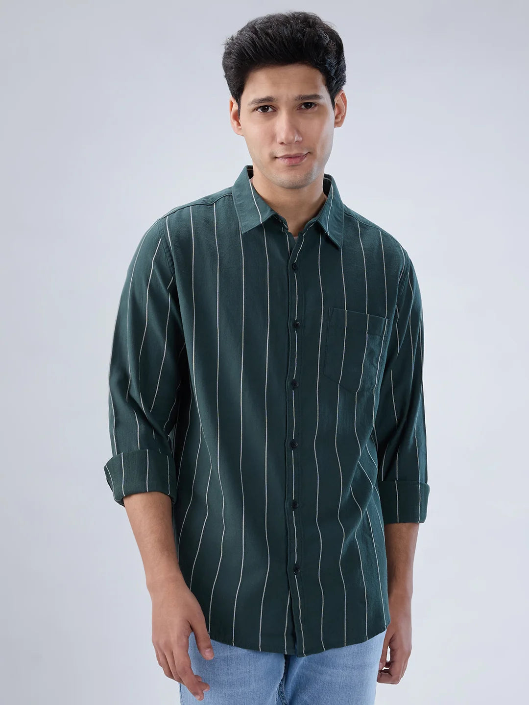 Men Shirt Stripe Green Regular Fit
