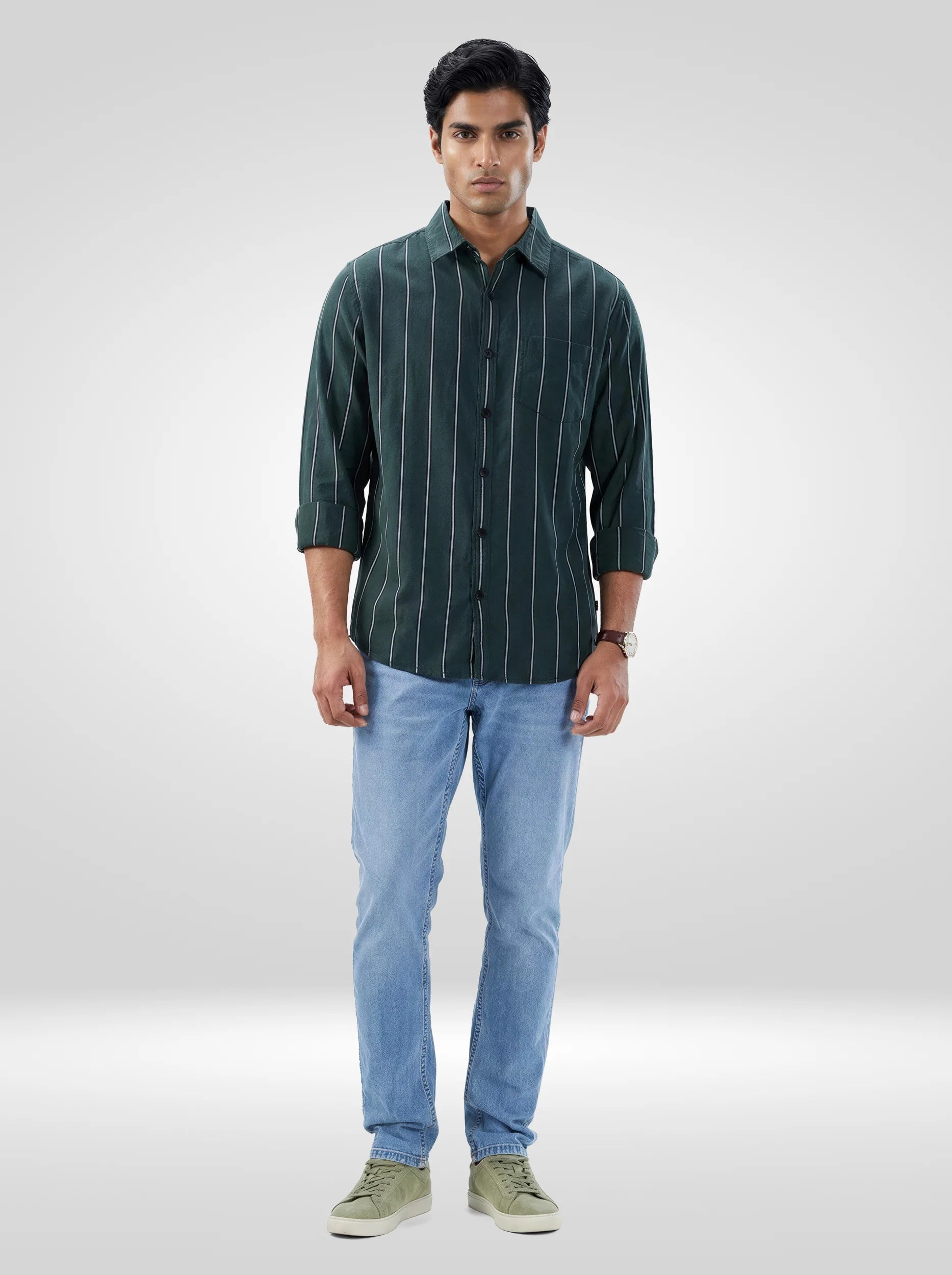 Men Green Stripe Regular Fit Shirts