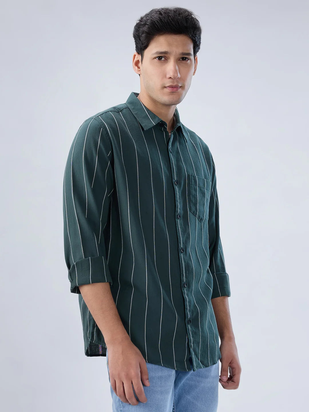 Men Shirt Stripe Green Regular Fit