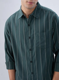 Men Shirt Stripe Green Regular Fit
