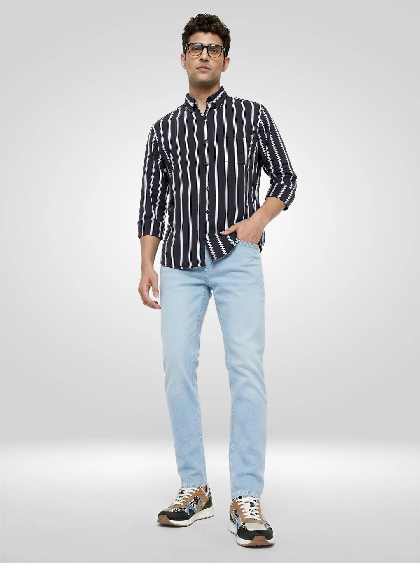 Men Shirt Stripe Black Regular Fit