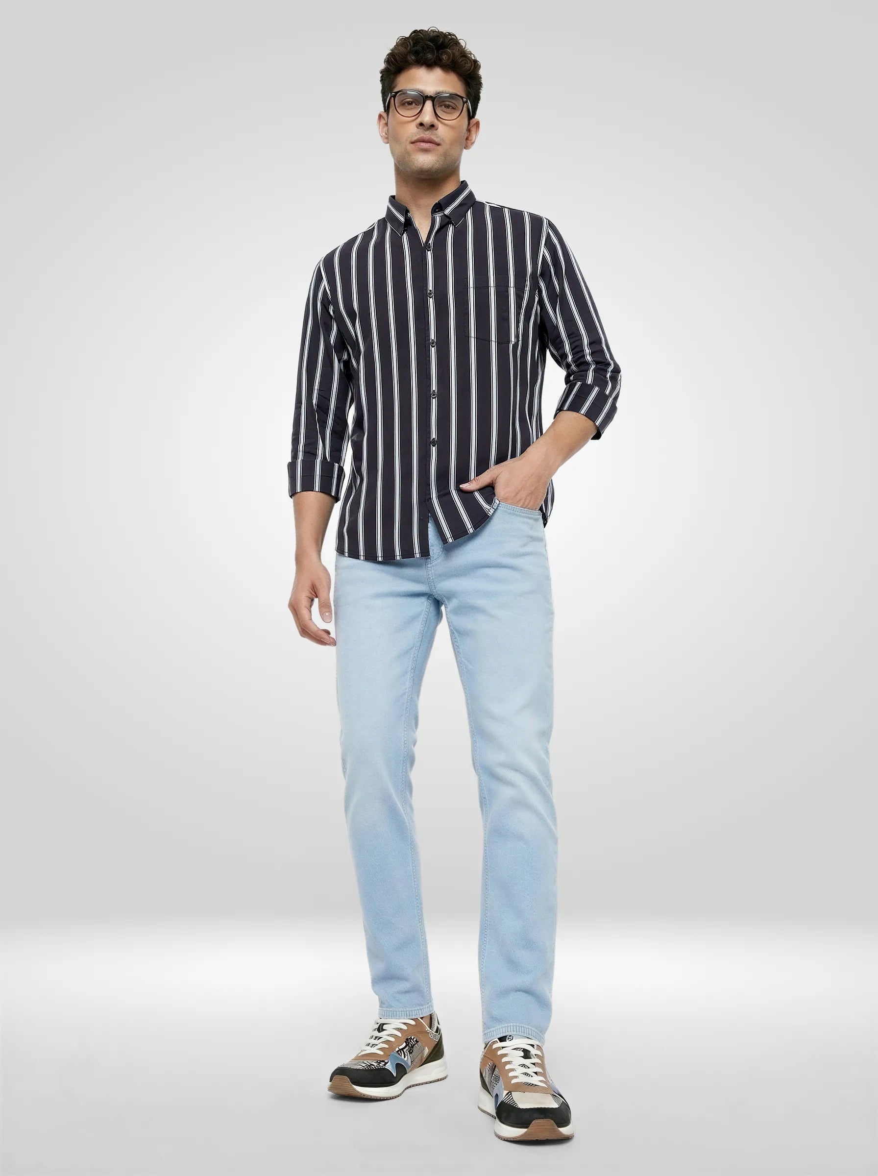 Men Shirt Stripe Black Regular Fit