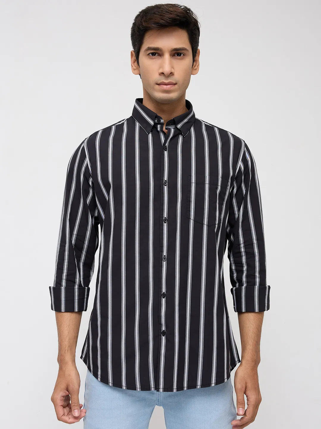 Men Shirt Stripe Black Regular Fit