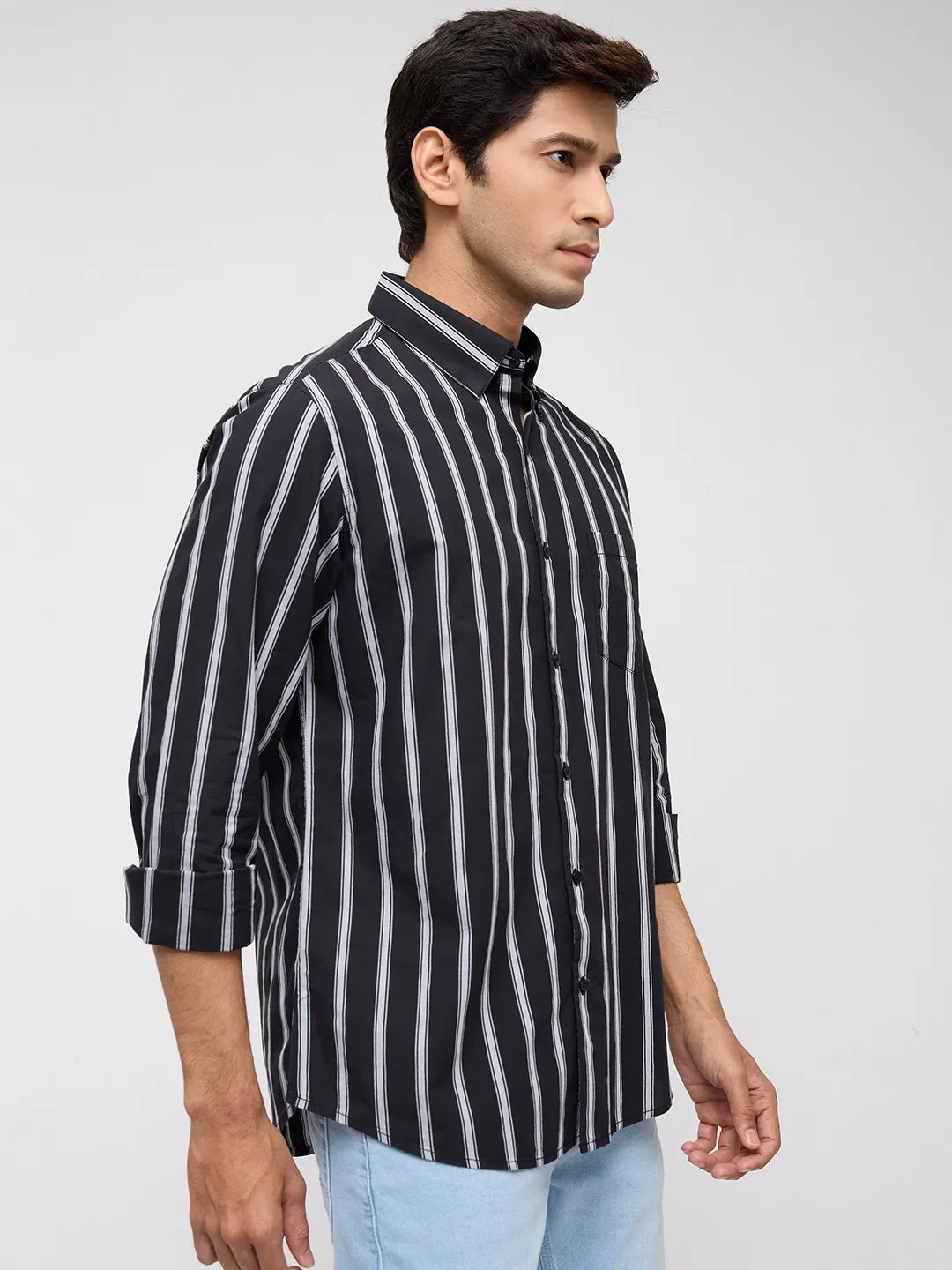 Men Shirt Stripe Black Regular Fit