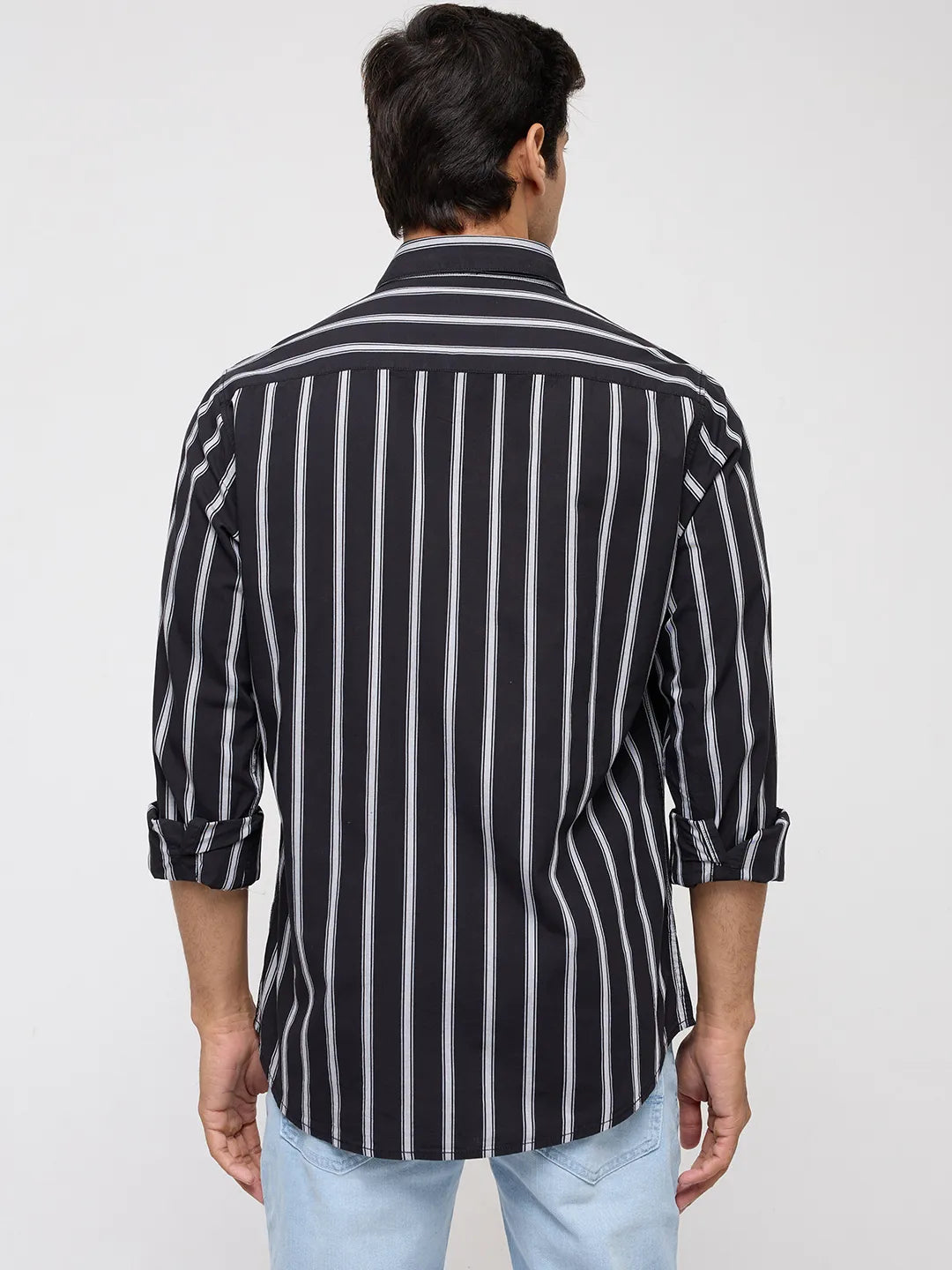 Men Shirt Stripe Black Regular Fit