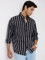 Men Shirt Stripe Black Regular Fit