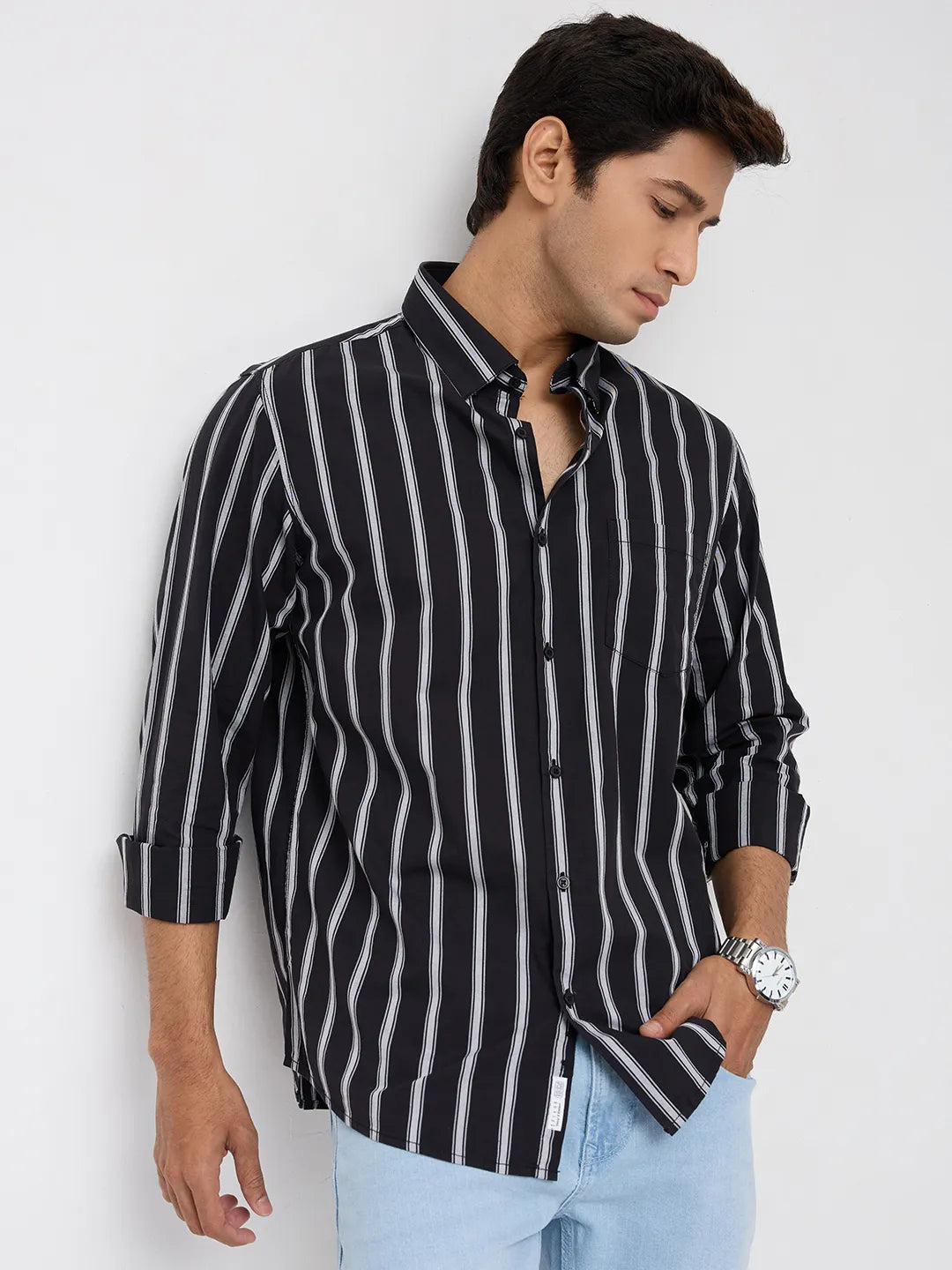 Men Shirt Stripe Black Regular Fit