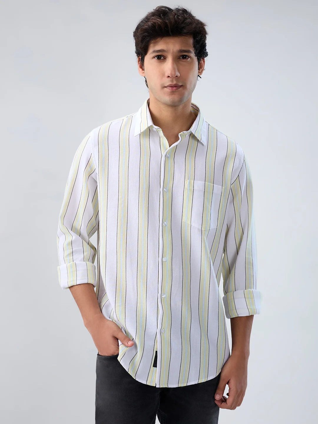 Men Shirt Stripe Green Regular Fit