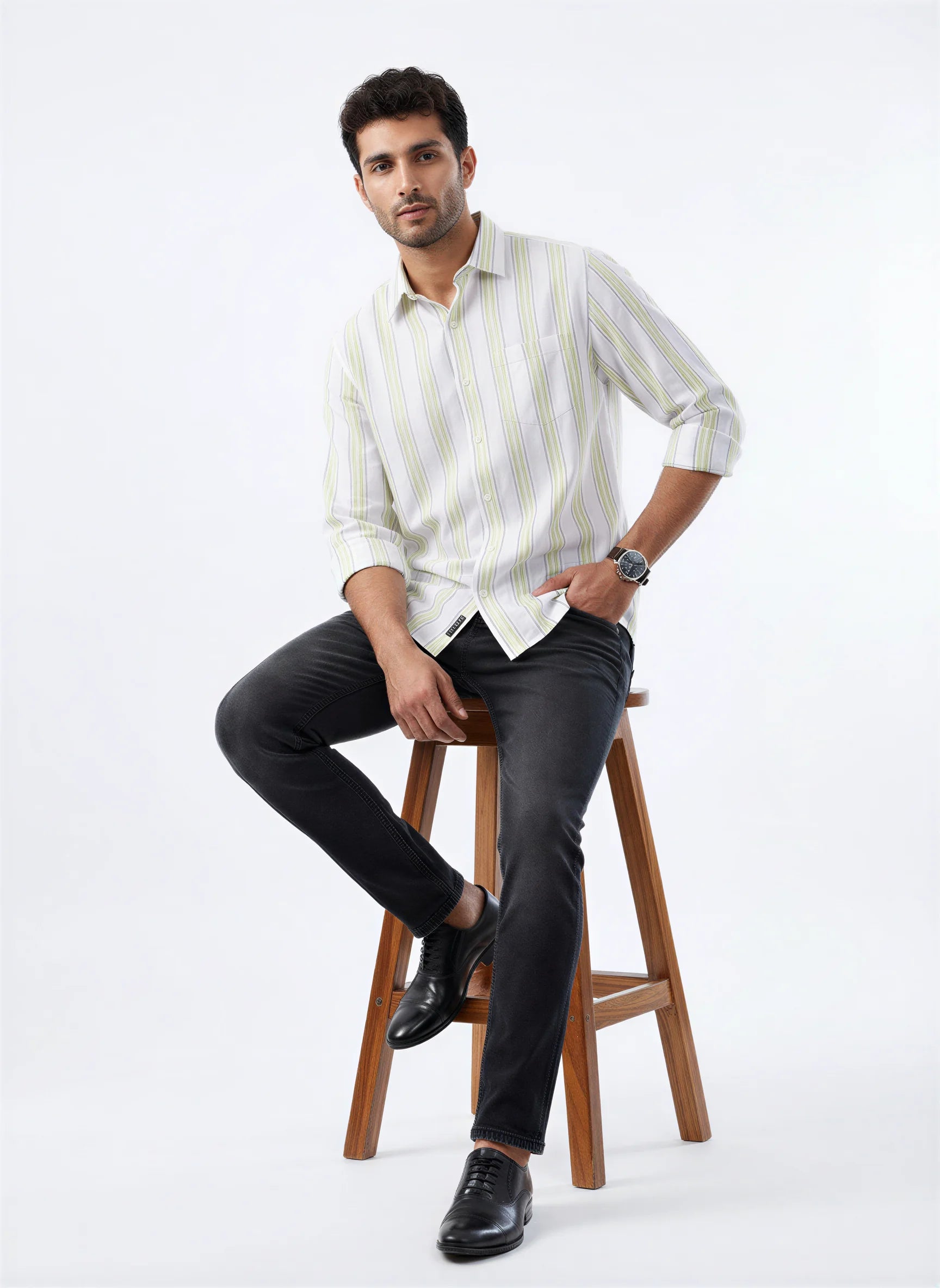 Men Green Stripe Regular Fit Shirts