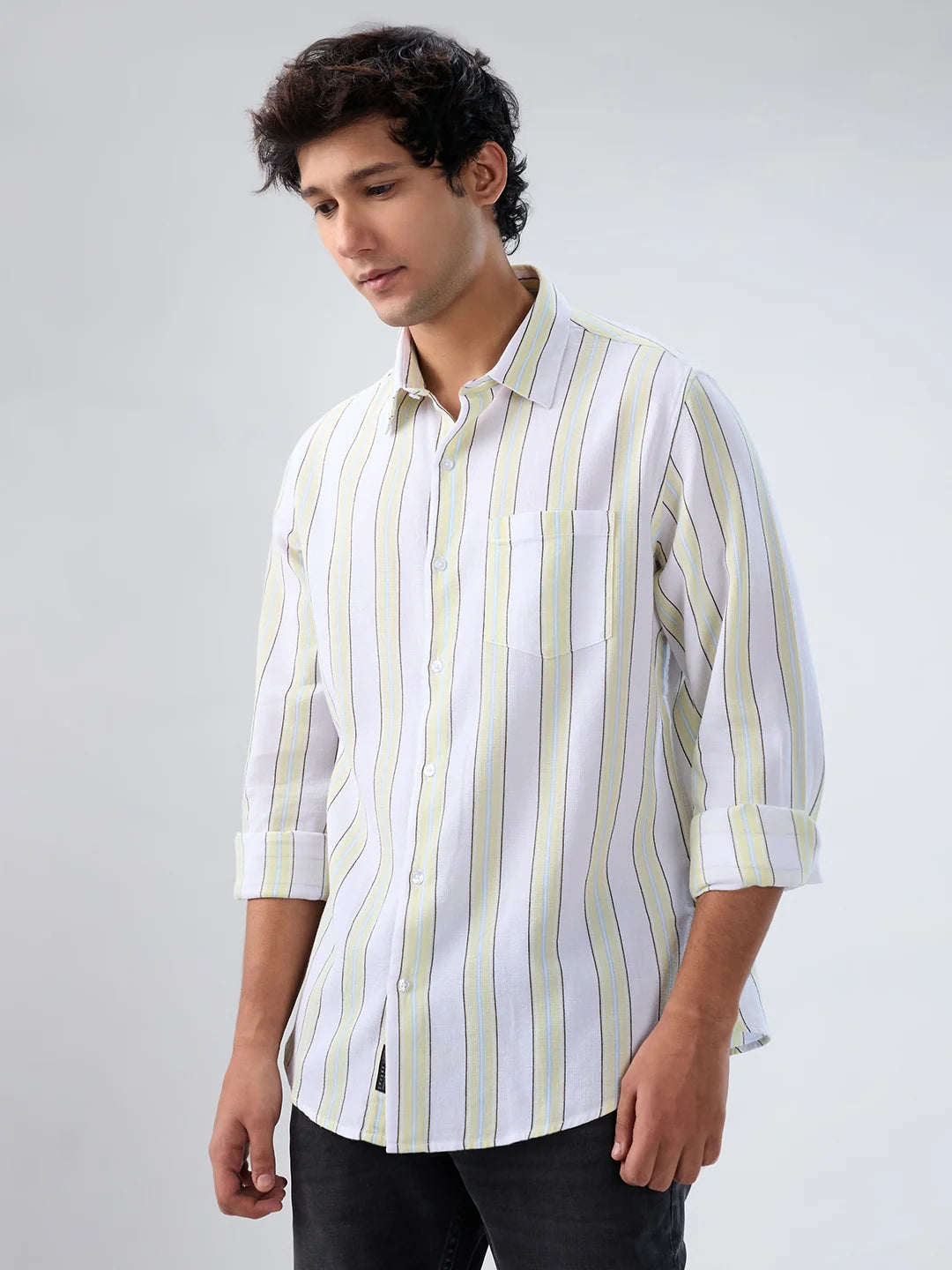 Men Shirt Stripe Green Regular Fit