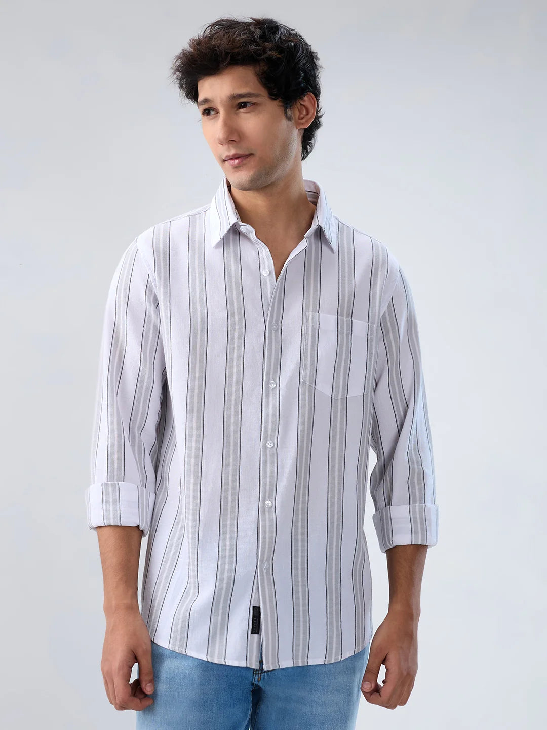 Men Shirt Stripe Grey Regular Fit