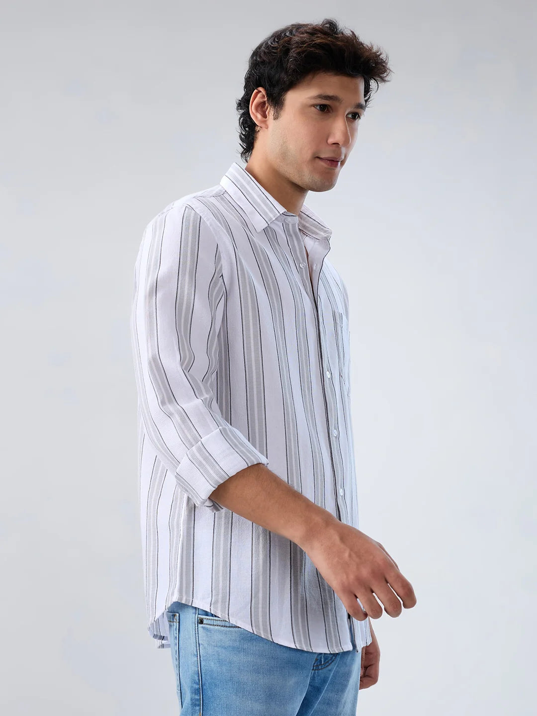 Men Shirt Stripe Grey Regular Fit