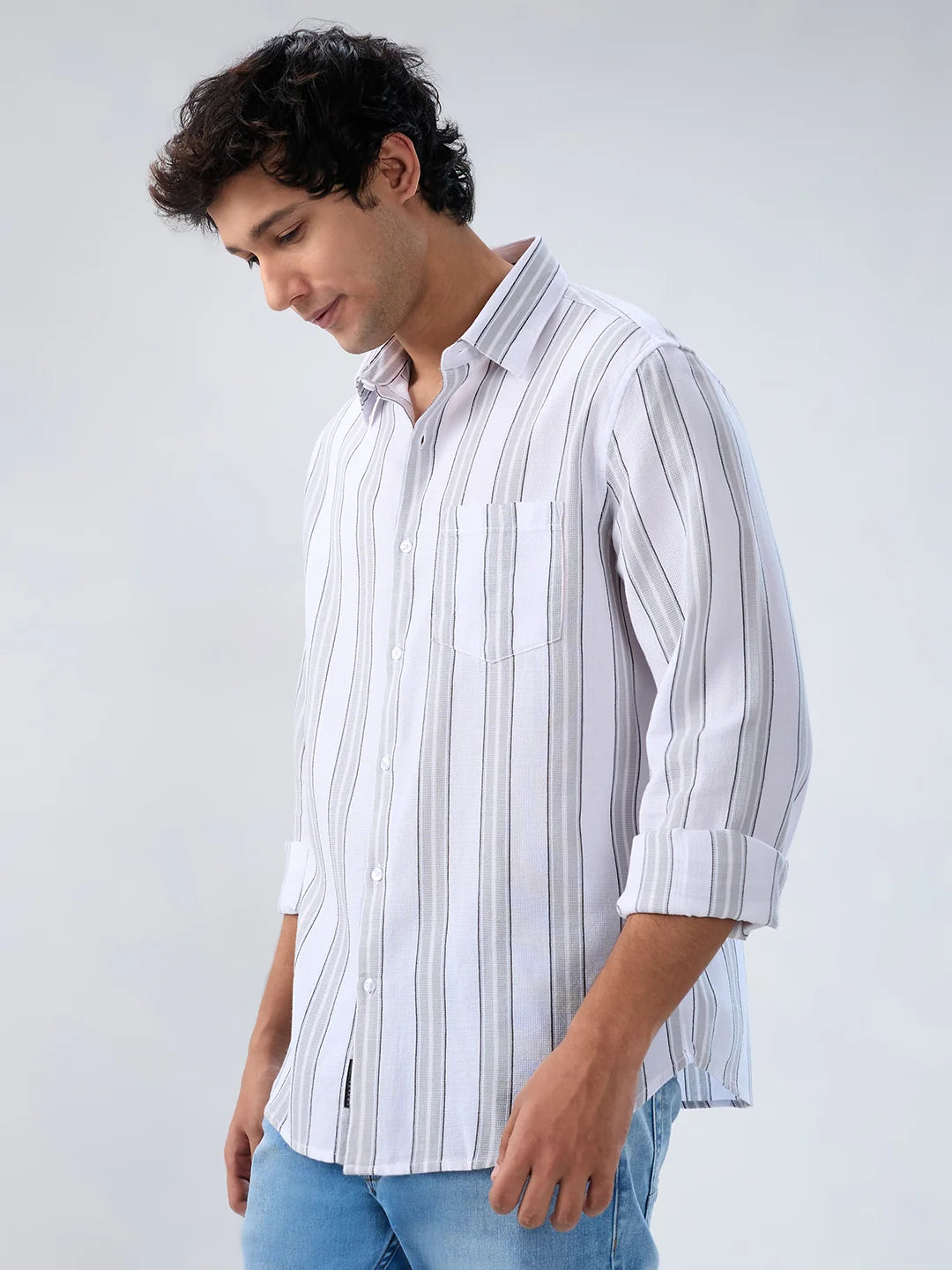 Men Shirt Stripe Grey Regular Fit