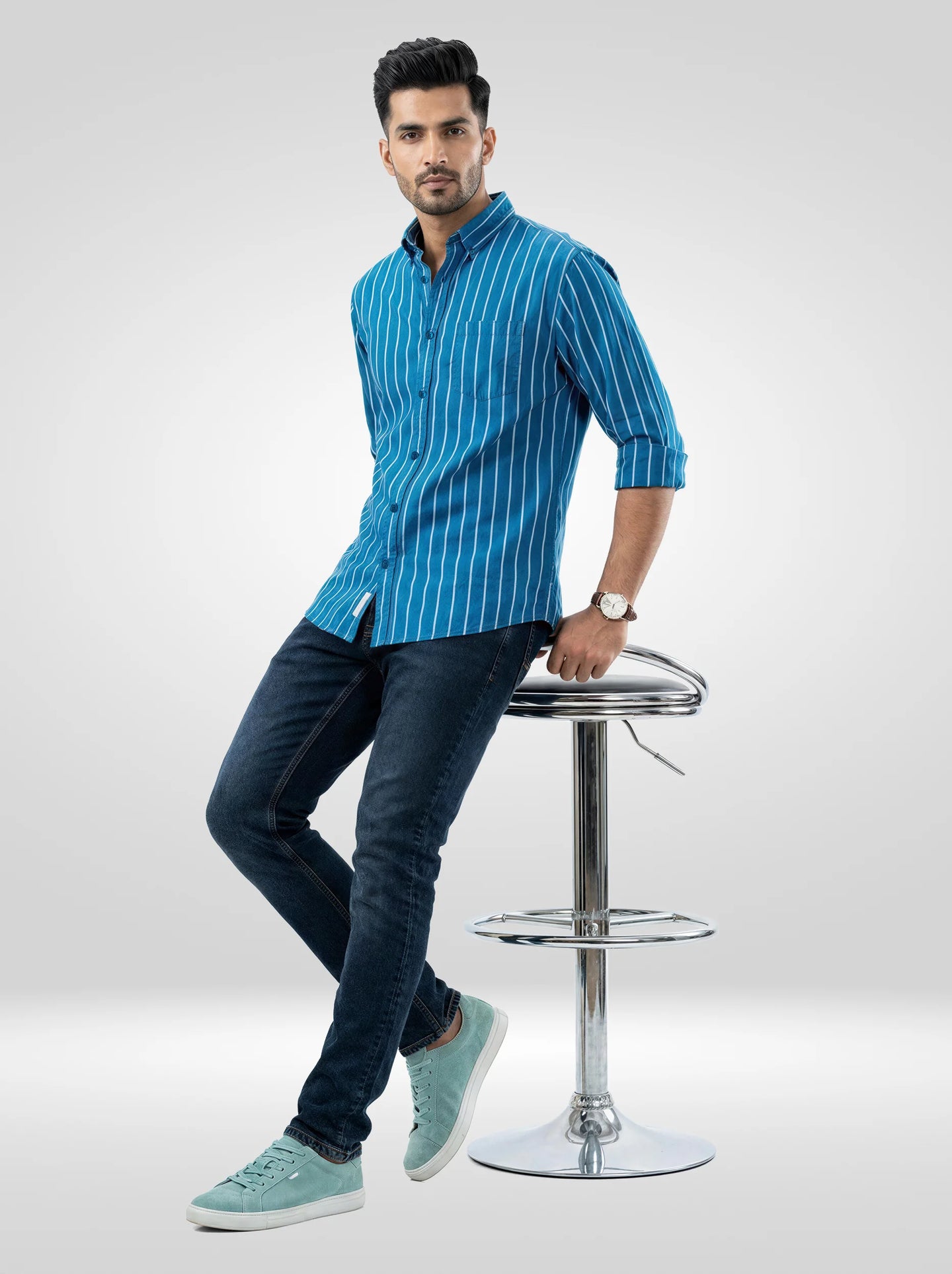 Men Shirt Blue Teal Stripe Regular Fit