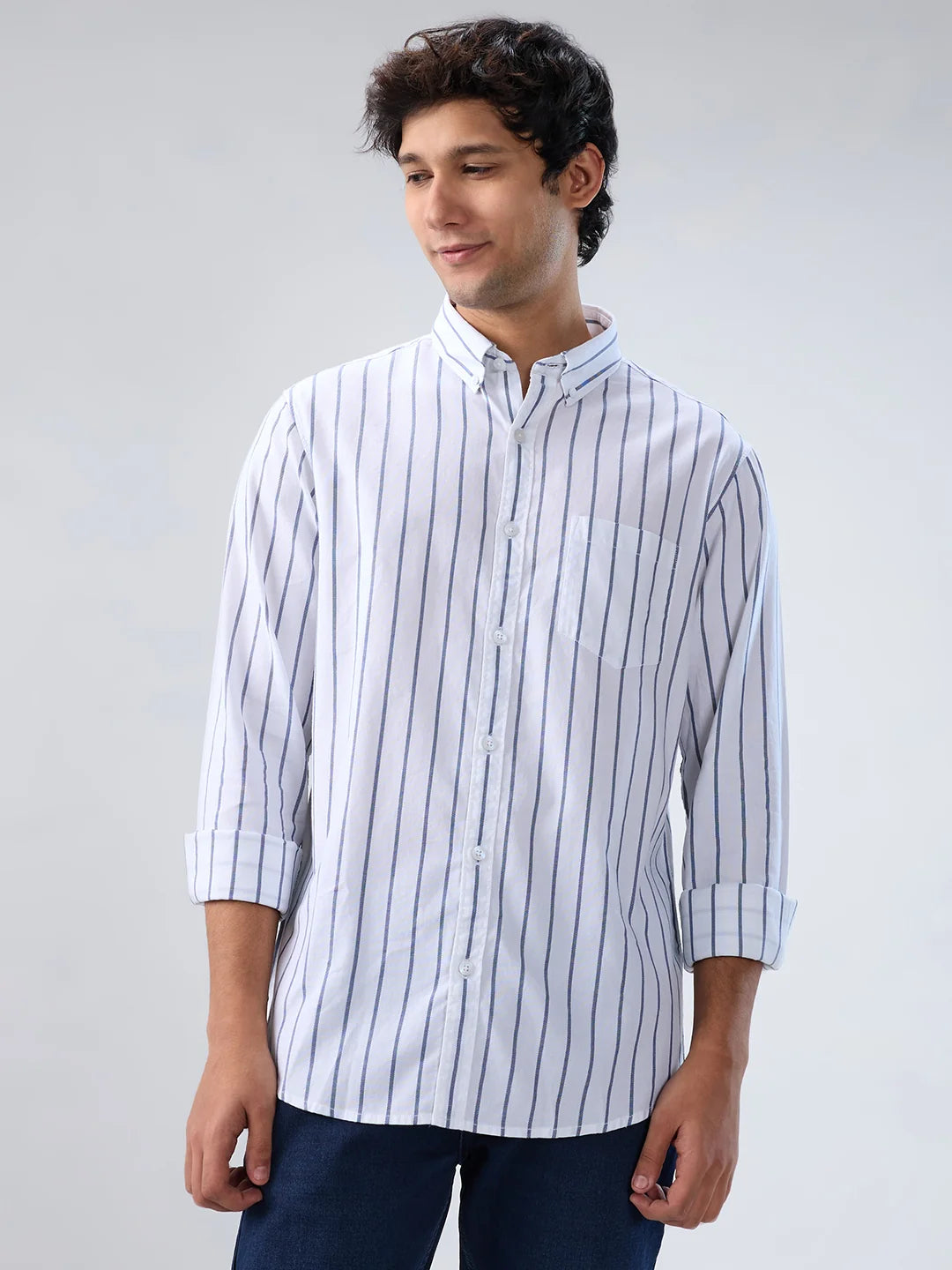 Men Shirt Stripe White Regular Fit
