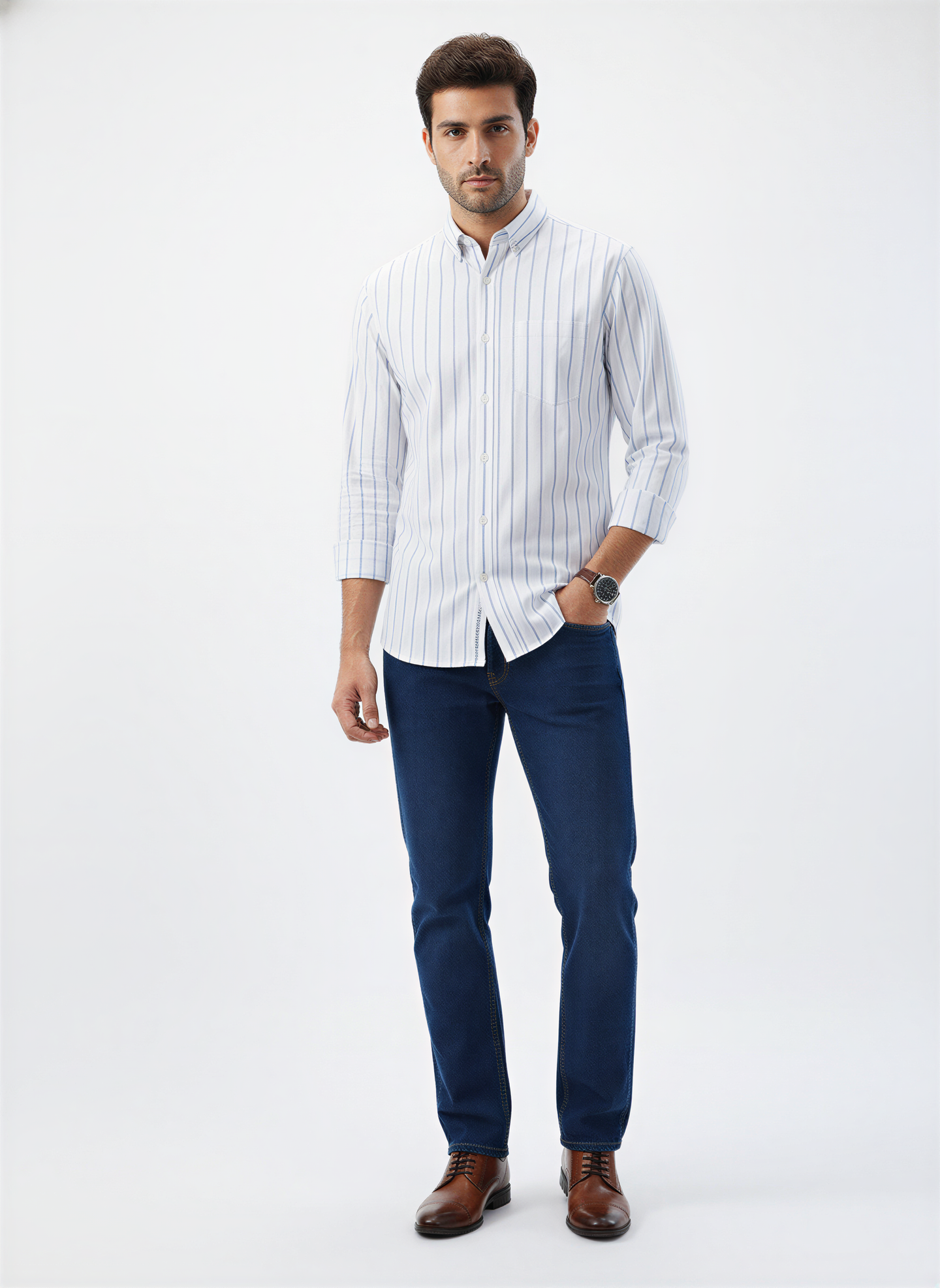 Men Shirt Stripe White Regular Fit