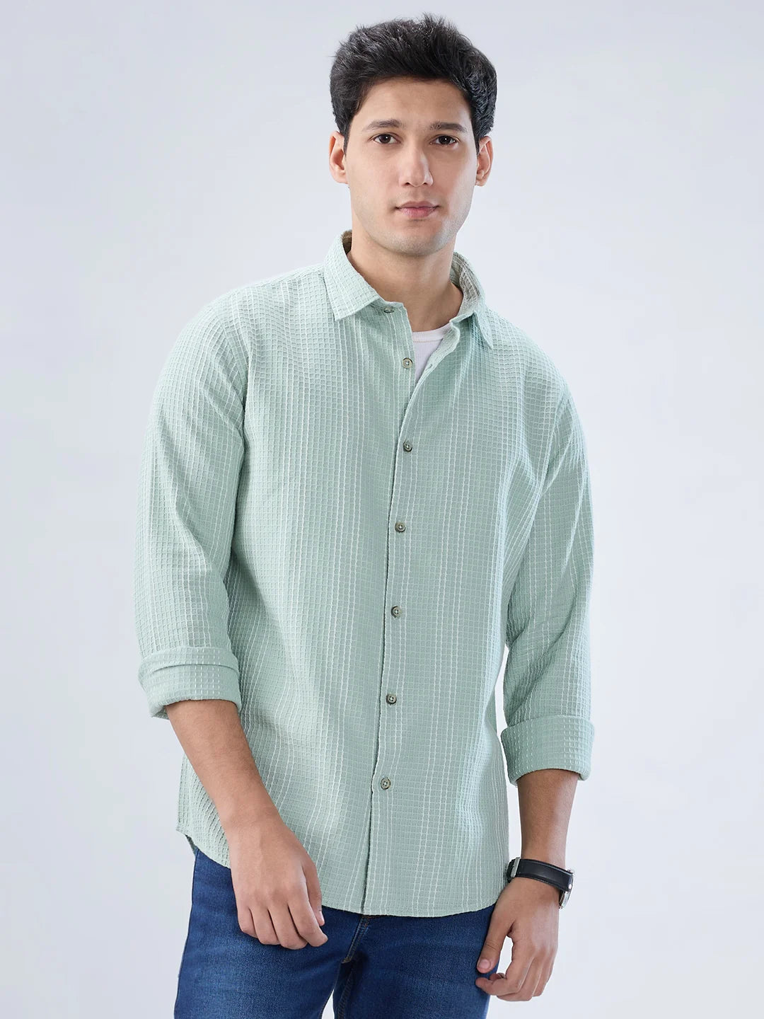 Men Shirt Stripe Green Regular Fit