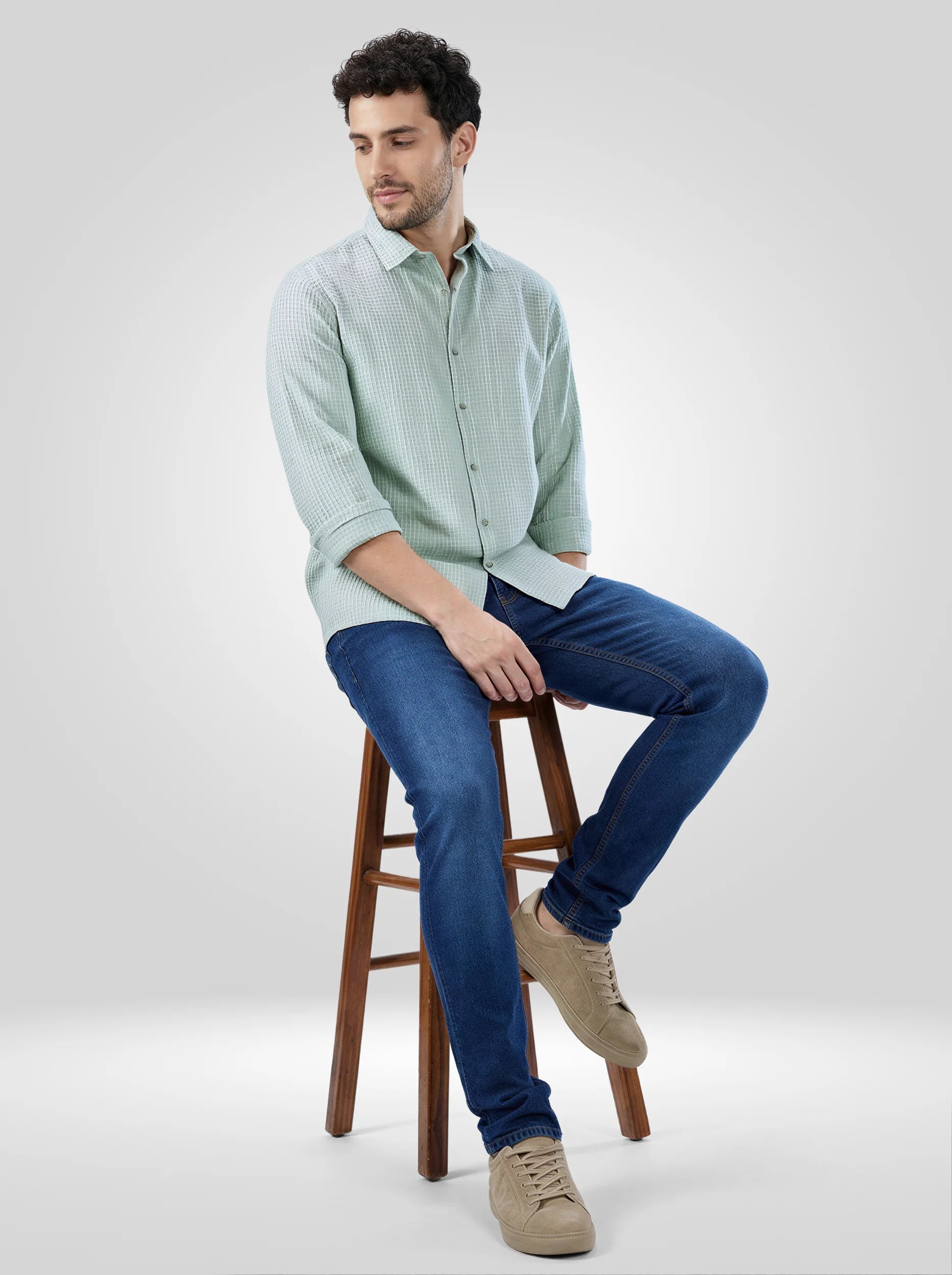 Men Shirt Stripe Green Regular Fit