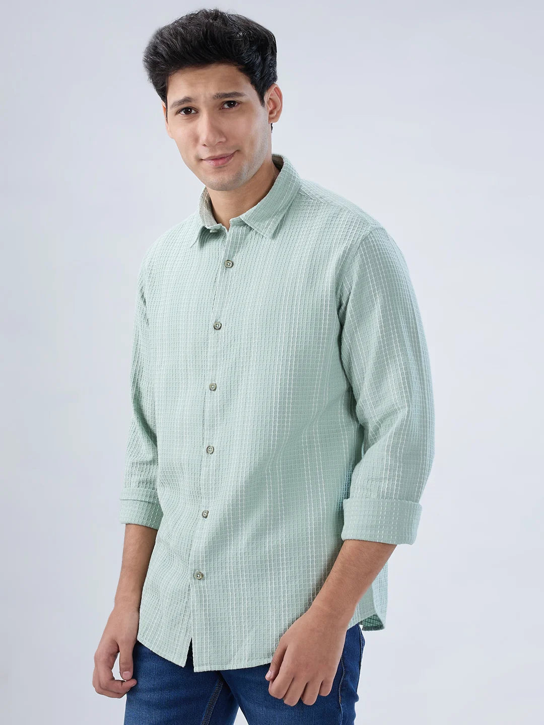 Men Shirt Stripe Green Regular Fit