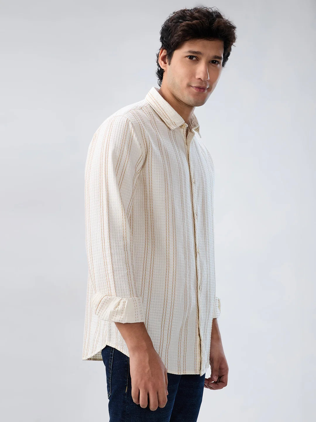 Men Shirt Stripe Off White Regular Fit