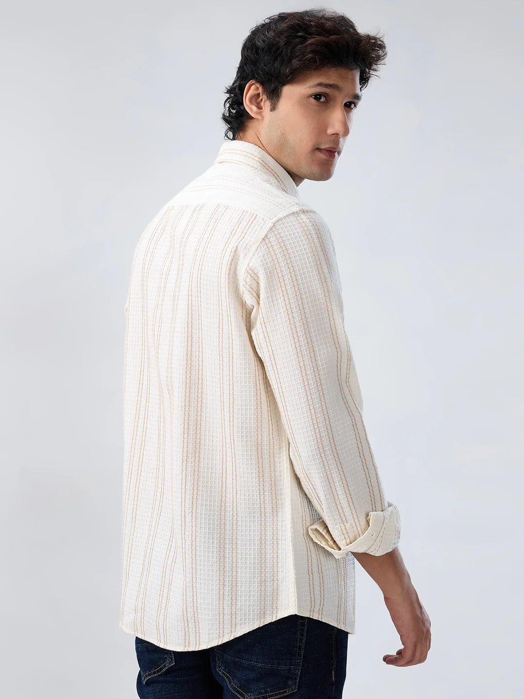 Men Shirt Stripe Off White Regular Fit