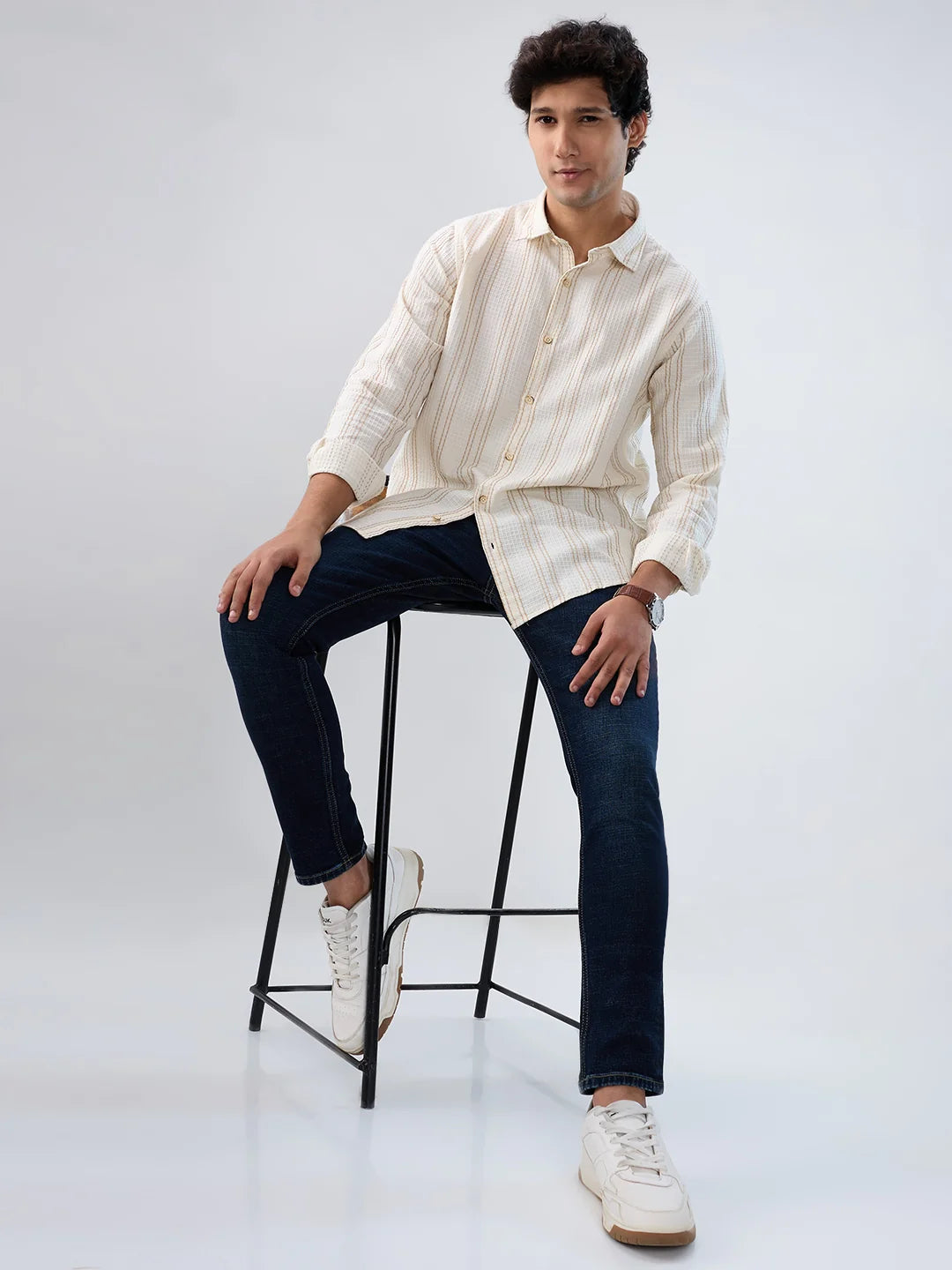 Men Shirt Stripe Off White Regular Fit