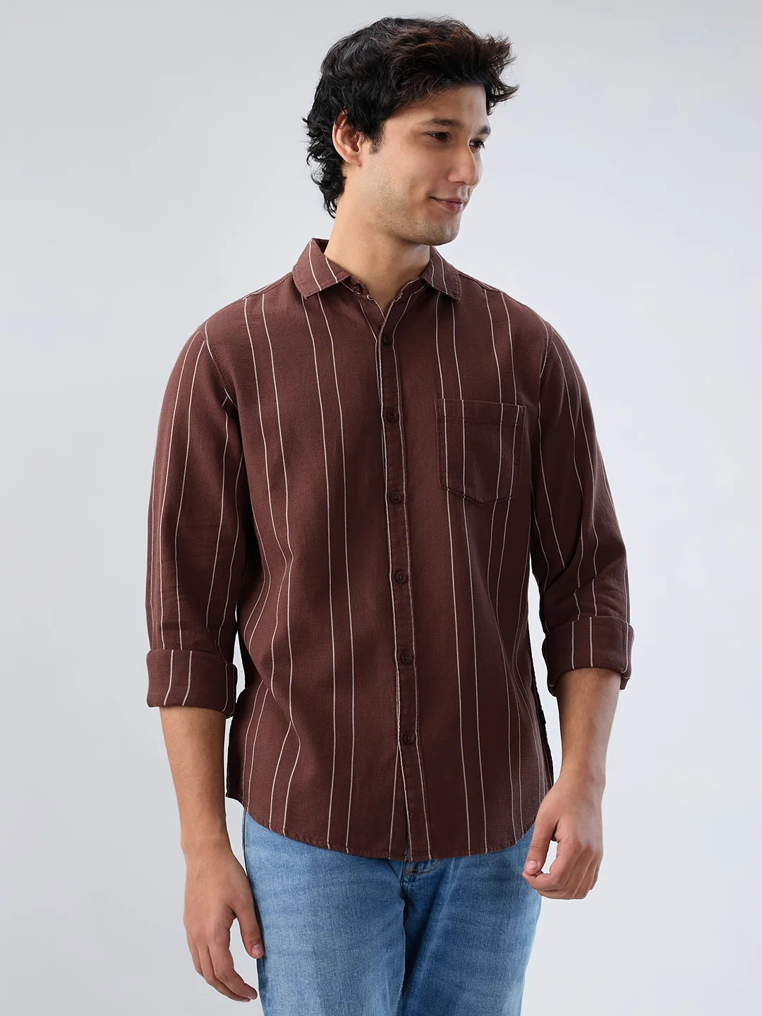 Men Shirt Stripe Brown Regular Fit