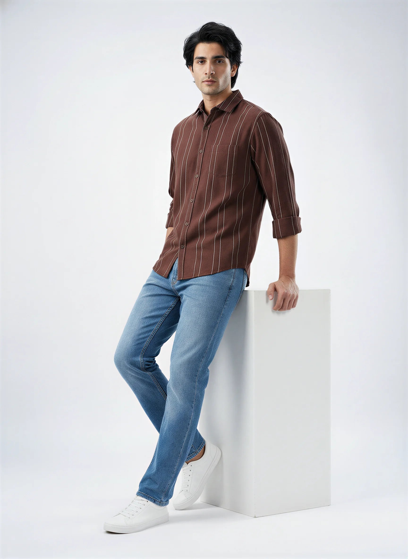 Men Shirt Stripe Brown Regular Fit