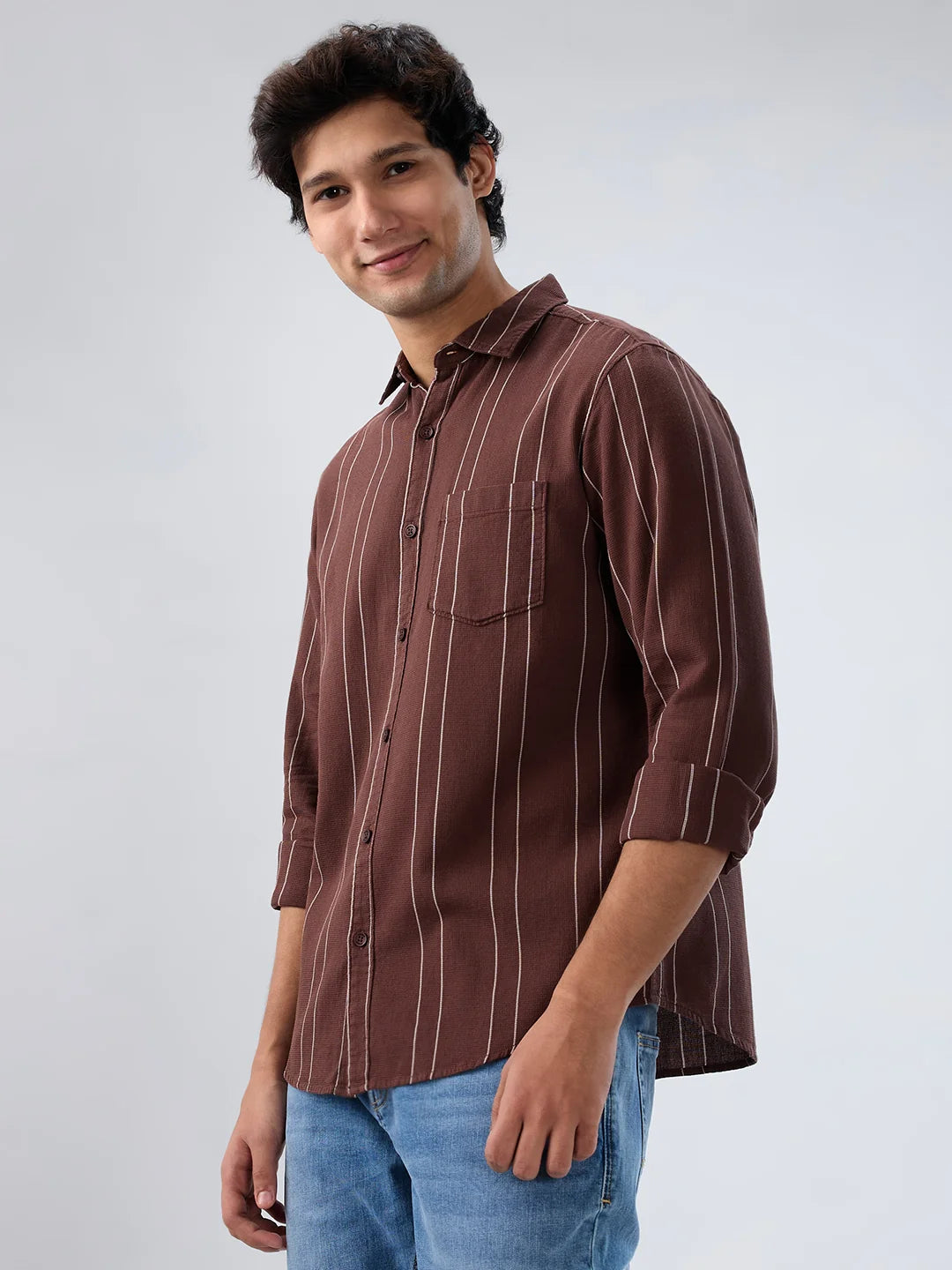 Men Shirt Stripe Brown Regular Fit