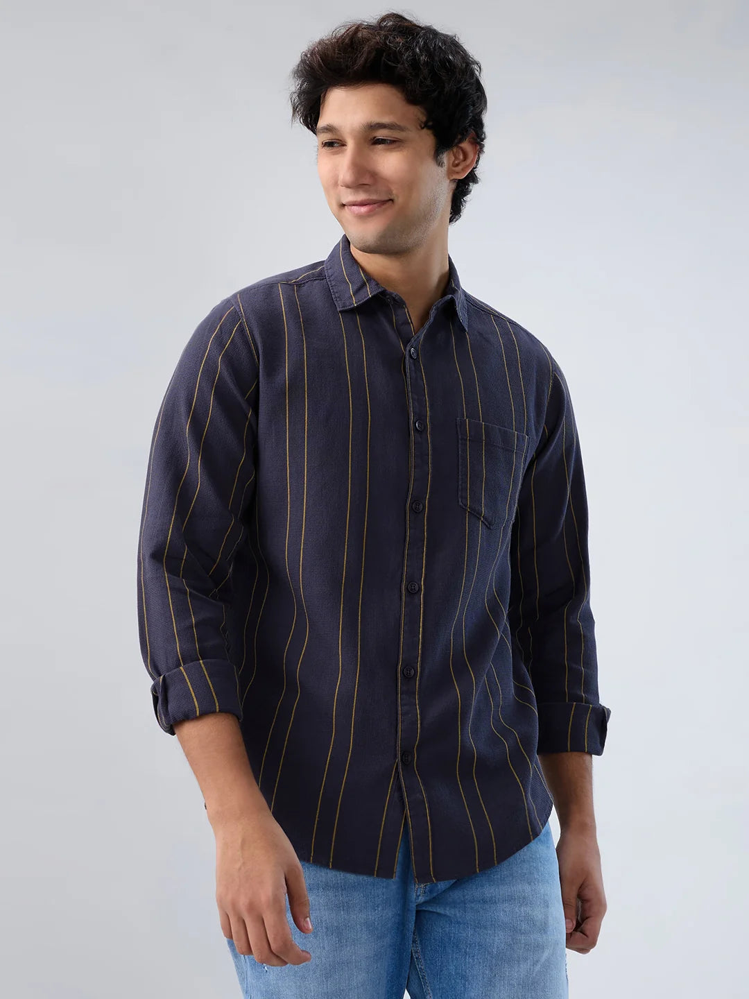 Men Shirt Stripe Grey Regular Fit