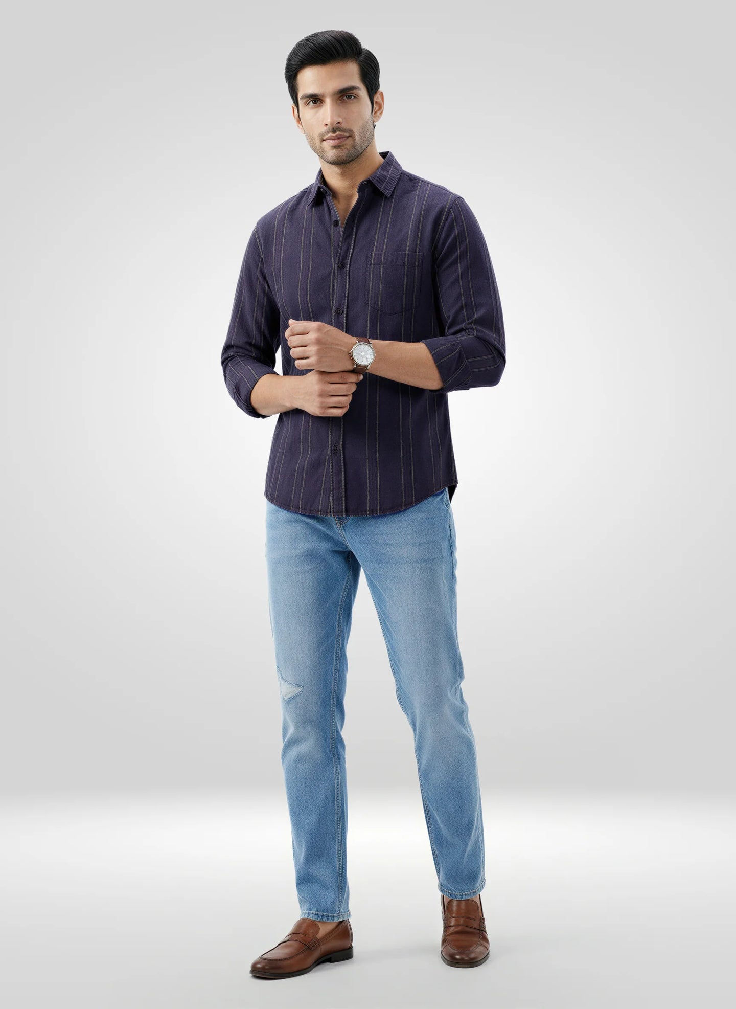 Men Shirt Stripe Grey Regular Fit