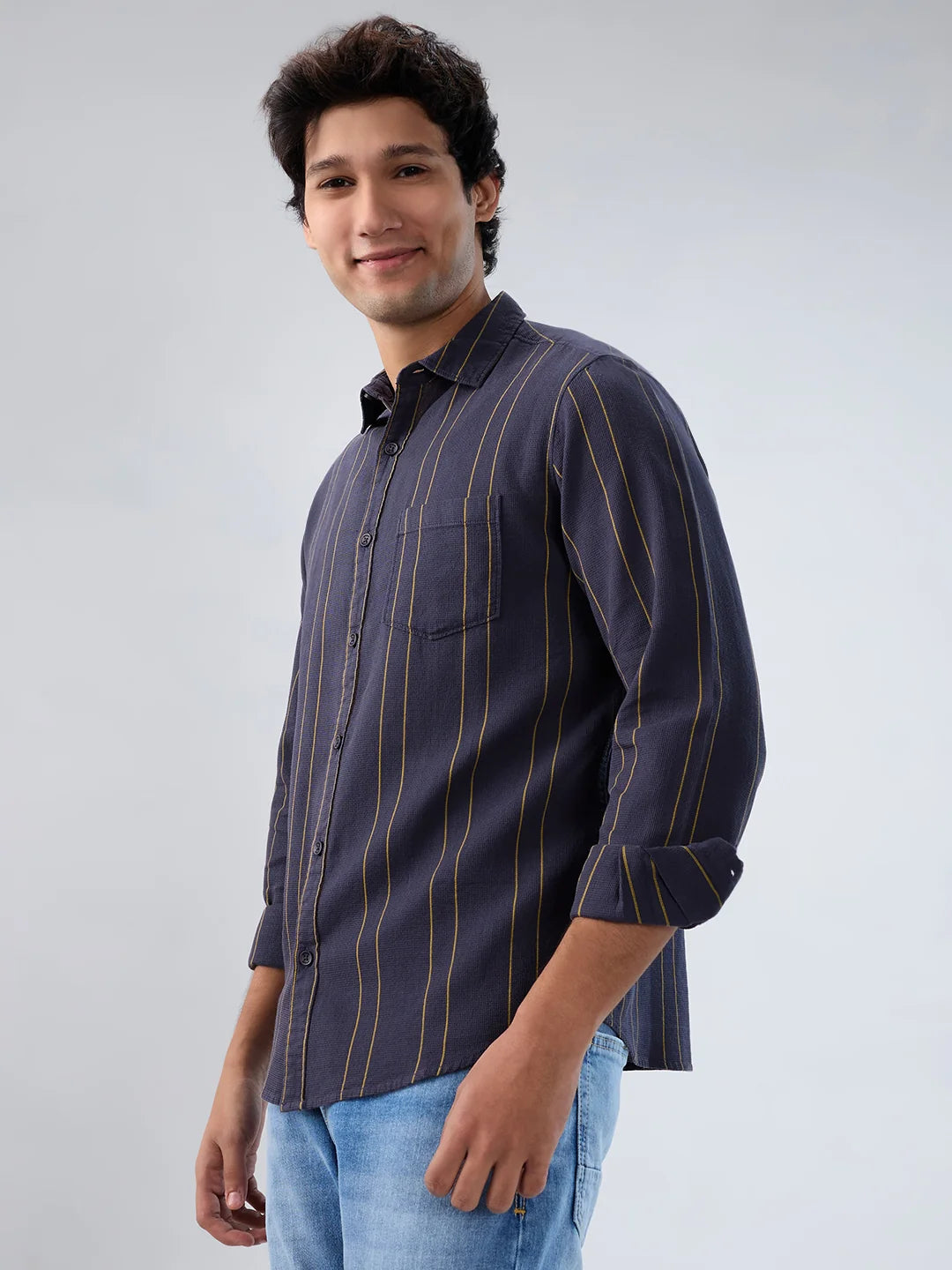 Men Shirt Stripe Grey Regular Fit