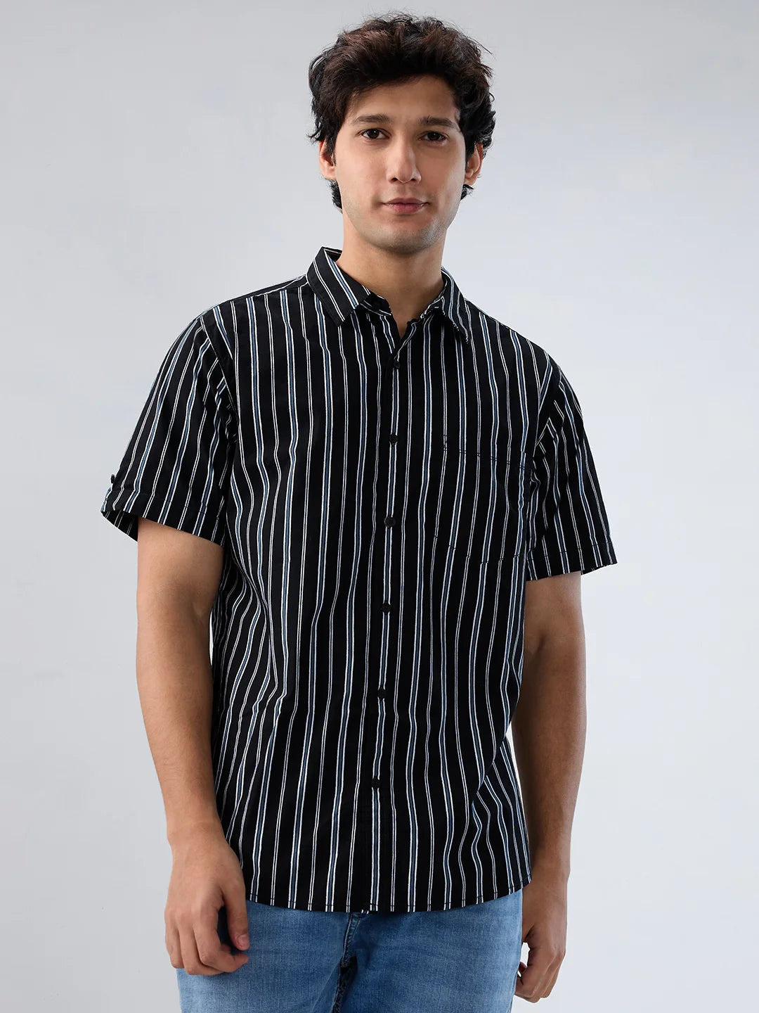 Men Shirt Stripe Black Regular Fit