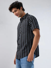 Men Shirt Stripe Black Regular Fit